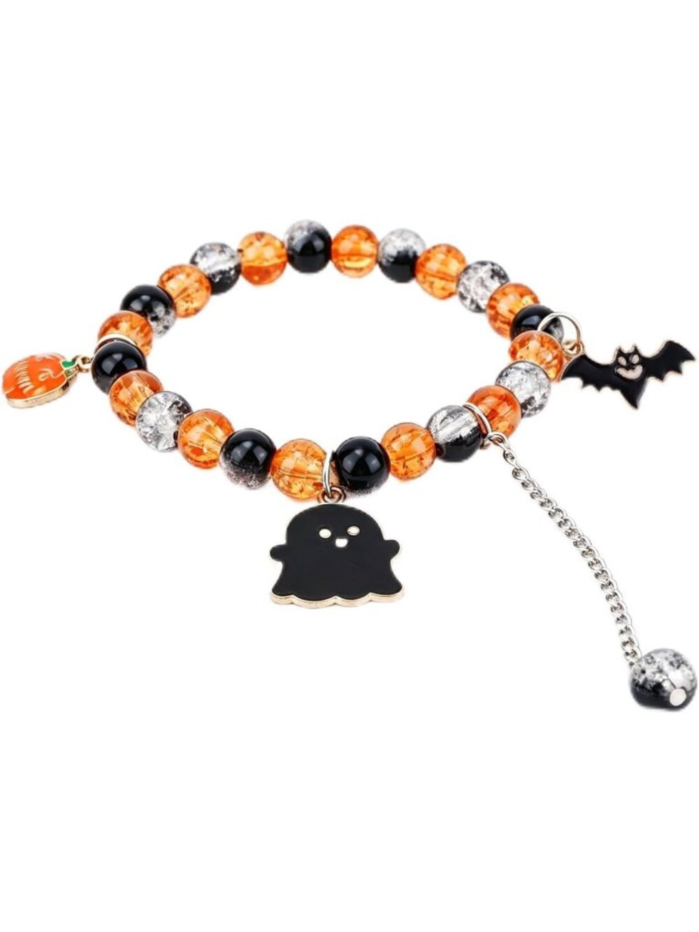 Women's Orange Pumpkin Bat Charms Stretchy Beaded Spooky Halloween Bracelet